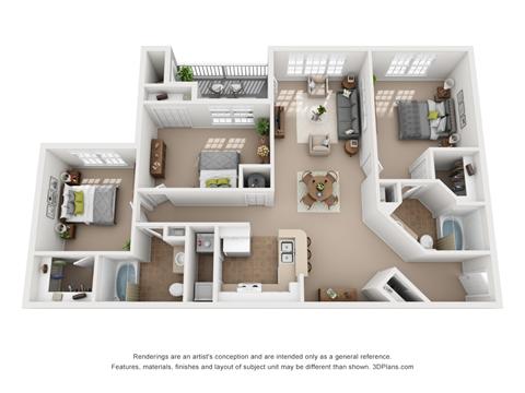 Floor plan for 3 beds, 2 baths, 1435 sqft